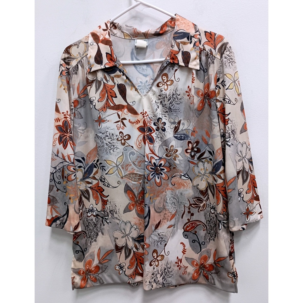VTG 80s Haband Floral V-Neck Blouse Womens Large Beige BOHO Cottage Top